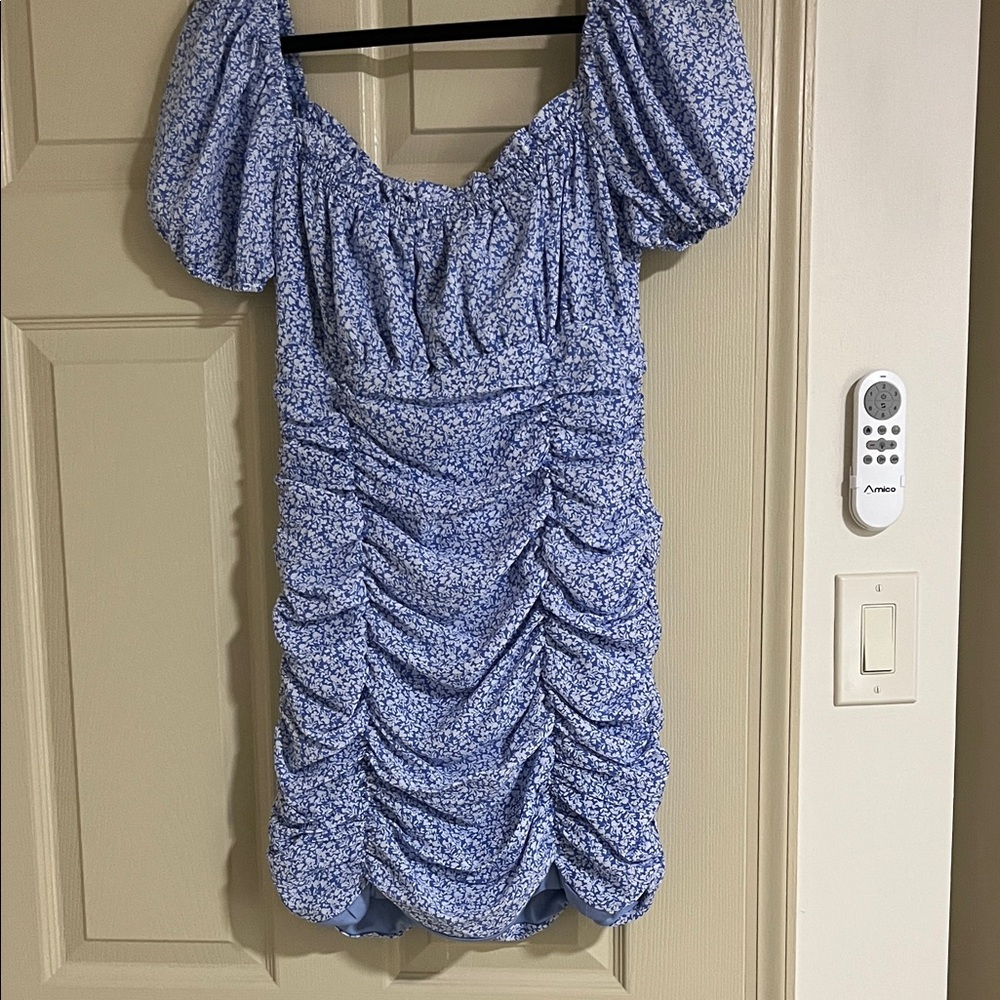 Elegant Blue Floral Ruched Mini Dress CE007 - Picture 5 of 11